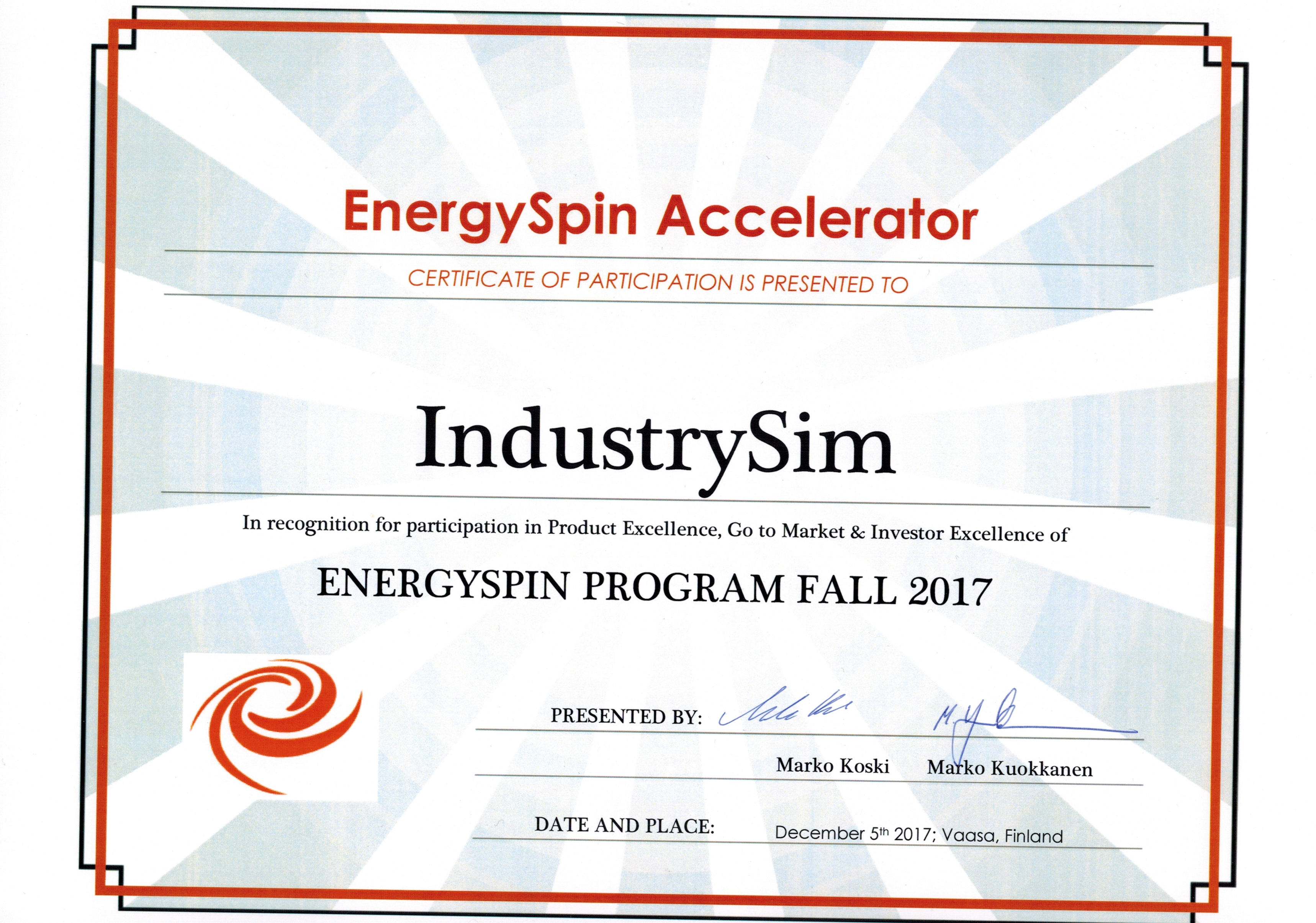 IndustrySim Energy Spin Certificate